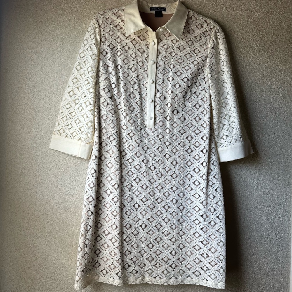 Jessica Howard Off-White Lace Button-Up Dress with Collar